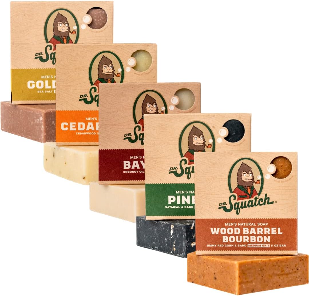 All Natural Soap Bar for Men, 5 Bar Variety Pack - Bay Rum, Cedar Citrus, Wood Barrel Bourbon, Gold Moss and Pine Tar