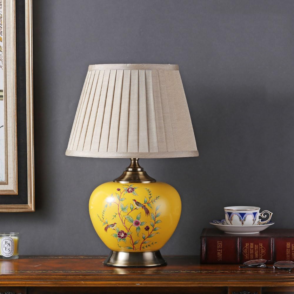 SGKOMN American Flower And Bird Ceramic Table Lamp, Hand-Painted Chinoiserie Lamp, Fabric Lampshade Nightstand Lamp For Bedroom Living Room Office College Bookcase-D