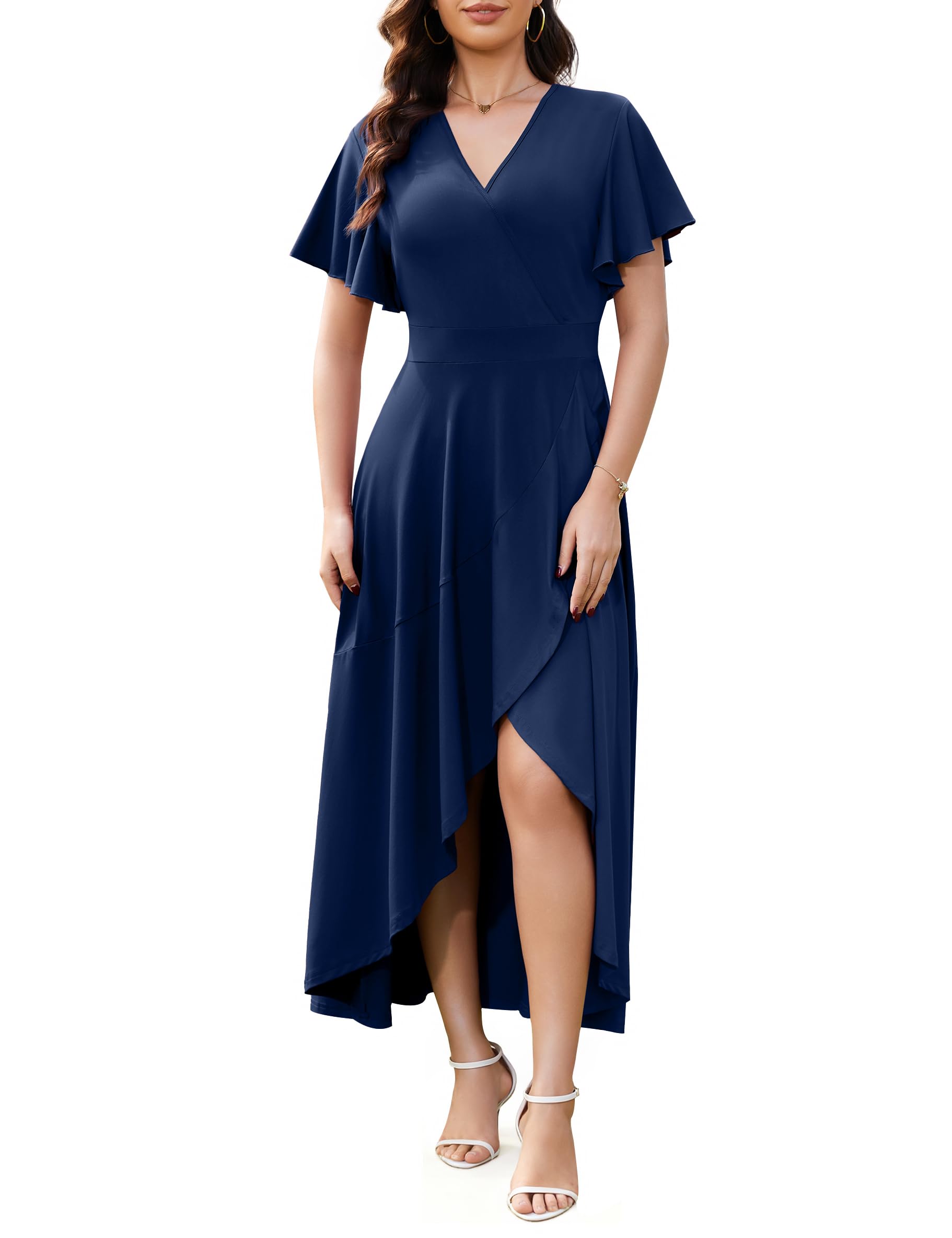 Actcat Cocktailkleid Damen mit V-Ausschnitt und Rüschen-Ärmel Kleid Abendkleider Elegant für Hochzeit Party Kleider