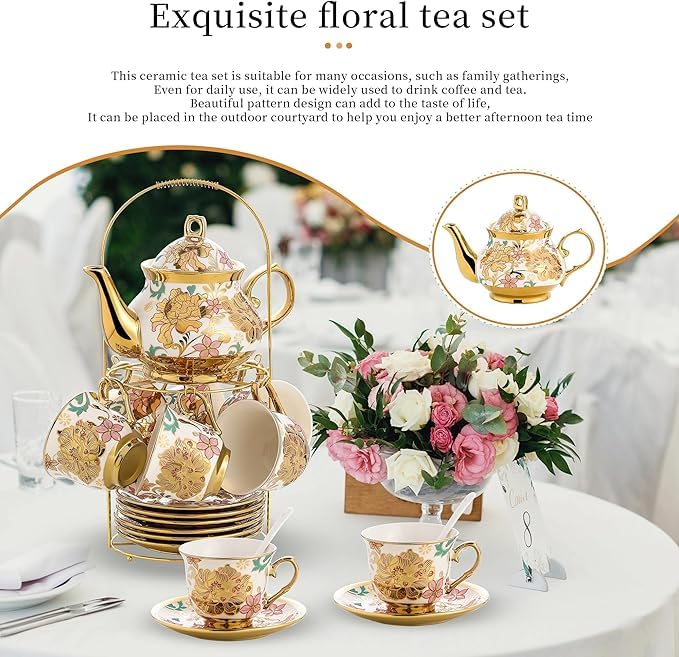 Image of DEEDECORWAVE Premium Ceramic Tea Set of 13 PCS Teapot (800ML) with 6 Cups (180ML Each), 6 Saucers & Holder Stand Elegant Gift for Tea Lovers Ideal for Home, Office & Parties (White)