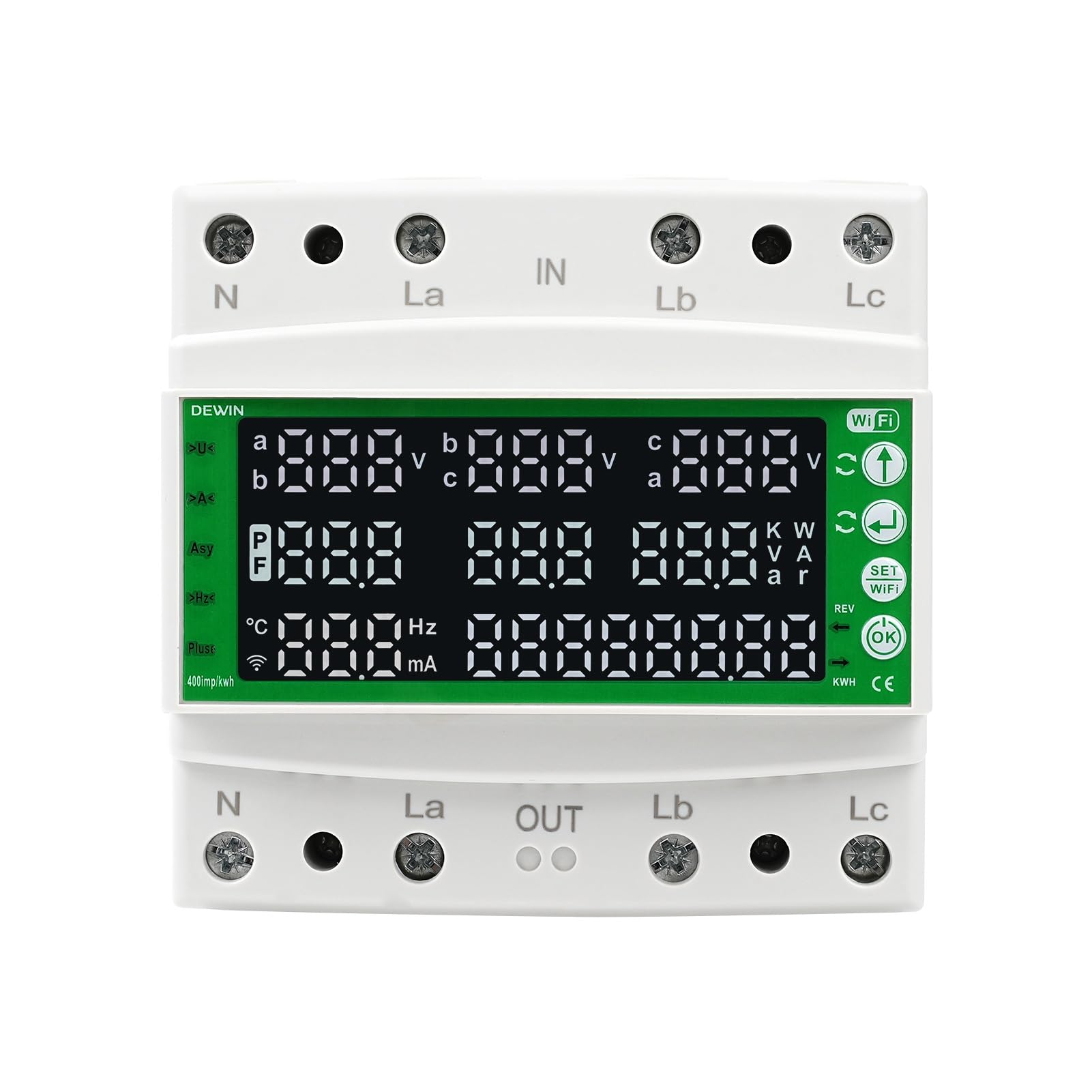 DEWIN Contatore elettrico 3 fasi, contatore di corrente trifase 3 fasi WiFi Smart Protector con funzioni di protezione da sovratensione, sottotensione, sovracorrente e corrente residua AC 60-300V