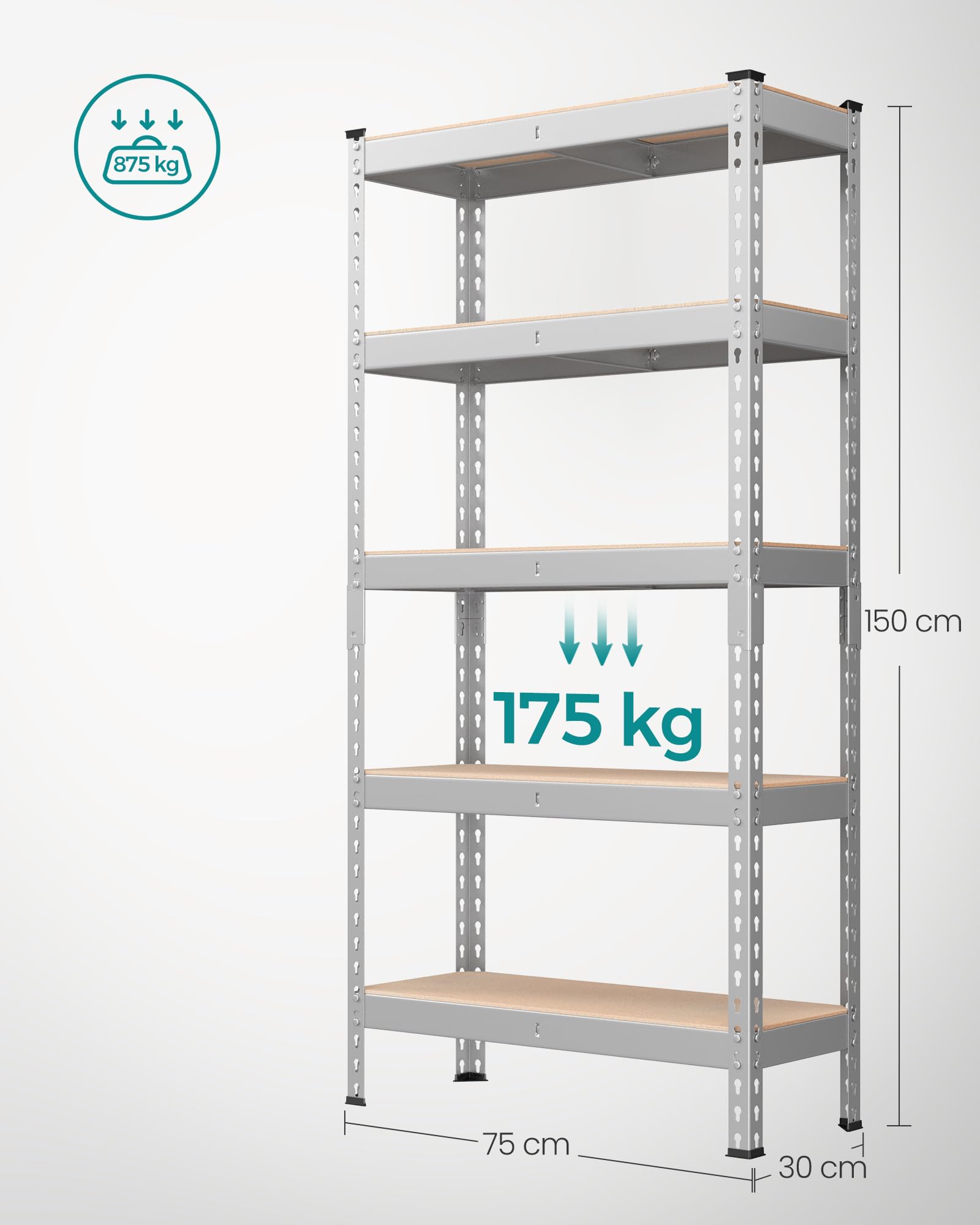 SONGMICS Schnelle Montage, Schwerlastregal, Standregal, Lagerregal, Küchenregal, Regal, 5 Ablagen, 30 x 75 x 150 cm, bis 875 kg belastbar, für Keller, Küche, Arbeitszimmer, silbern GLR300E01