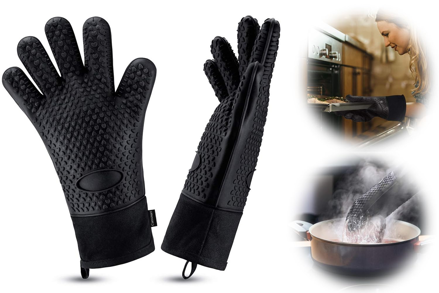 Azonee 1Pairs of BBQ Gloves, Heat Resistant Silicone Grilling Gloves, Long Waterproof BBQ Kitchen Oven Mitts with Inner Cotton Layer for Barbecue, Cooking, Baking, Smoker (Black)