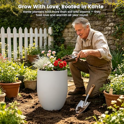 Image of Kante 21.7 inch H Snow White Concrete Planter, Lightweight & Crack-Resistant Large Pot with Drainage Hole & Rubber Plug, Modern Textured Round Container for Home Garden Gift