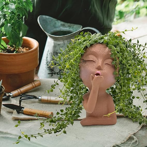 Image of Face Planter Pot with Drainage Hole 6 inch Resin Head Flower Pot | Cute Closed Eyes Lady Design Planter for Garden Home or Office | No Plants or Floral Included (Brown)