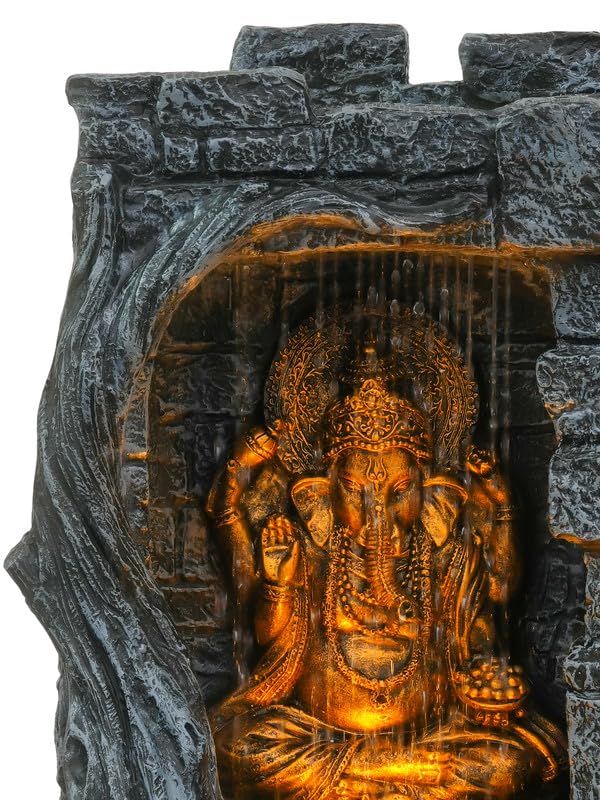 Image of Polyresin Grey & Copper Ganesha Idol Table Top Indoor Front Curtain Waterfall Fountain for Home Decor with Yellow LED Lights & Speed Controller Pump (Size: 40 x 29.5 x 22CM | Wt: 2265grm)