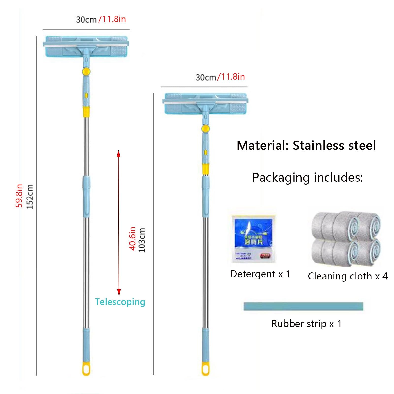 Limpiacristales Limpiador de Ventanas Escobilla limpia cristales, escobilla telescópica de acero inoxidable con cuchilla de goma, multiusos para limpiar parabrisas de coches, ventanas exteriores y del
