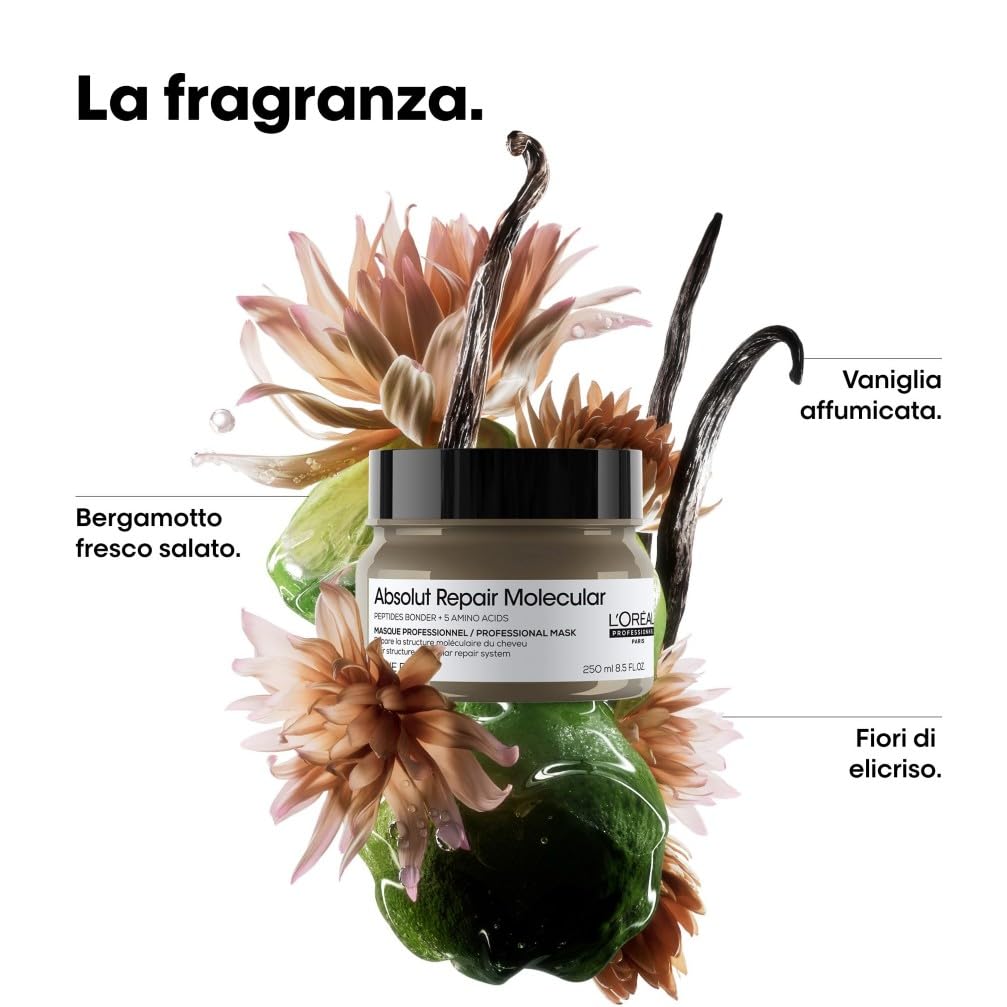 L'Oréal Professionnel, Maschera Professionale Ristrutturante per Tutti i Tipi di Capelli Danneggiati, Aiuta a Riparare i Danni e Ripristina la Forza dei Capelli, Absolut Repair Molecular