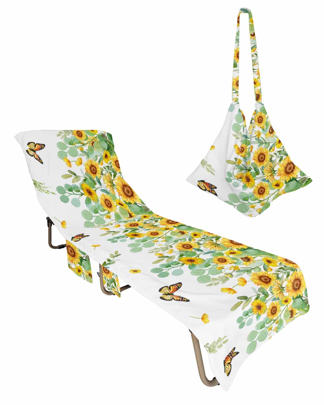 Beach Pool Patio Lounge Chaise Chair Cover Towel with Pockets,Yellow Sunflower Absorbent & Quick Dry Microfiber Towel Cover Bag Summer Travel Accessories Green Eucalyptus Leaves Farm Floral