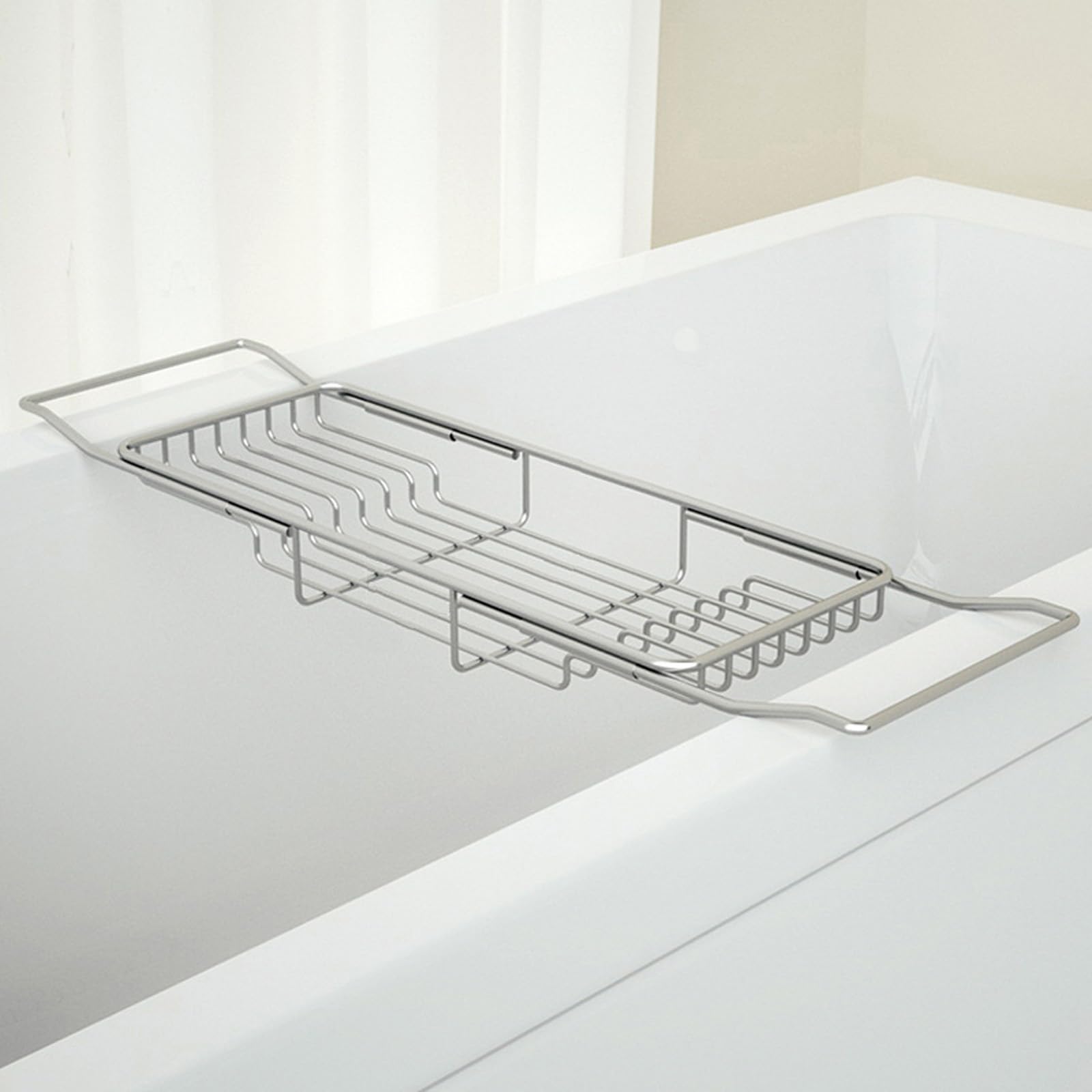Badewannen-Caddy aus Edelstahl, erweiterbarer Badewannentablett, Tisch, verstellbares Badezimmer-Tablett, Badewannen-Organizer, Wannenregal, Silber, 67 - 89,9 cm