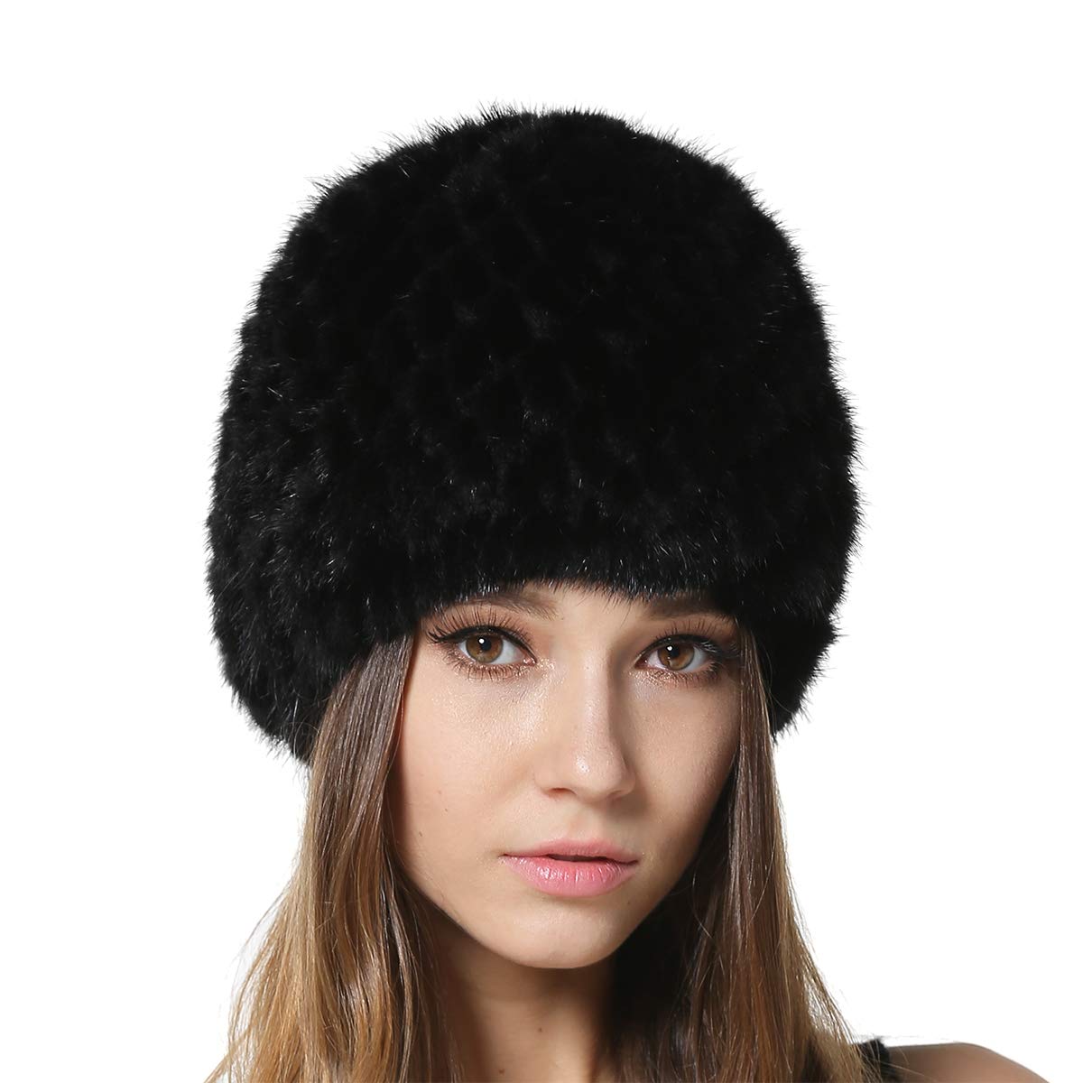 KAISHIN Cappelli di Pelliccia di Visone Invernale per Donna Cappelli di Vera Pelliccia a Maglia con Fodera a Maglia