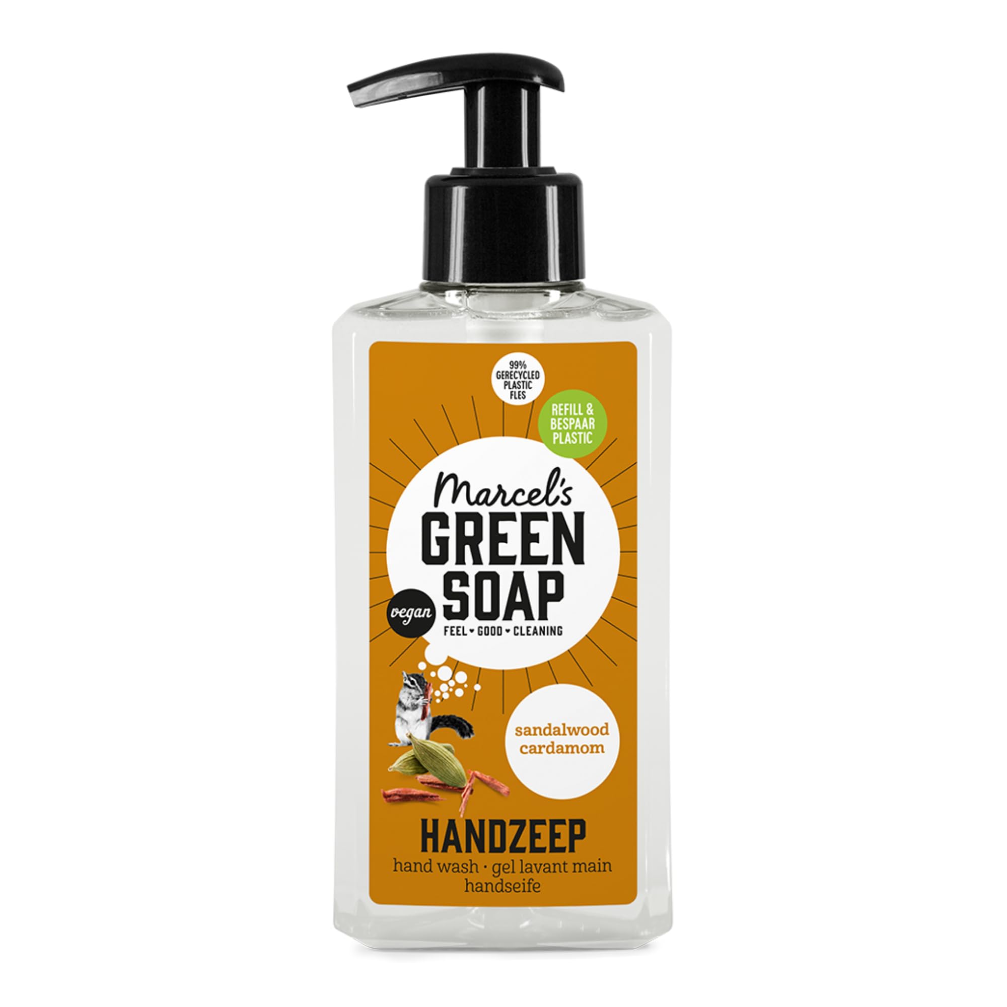 Marcel's Green Soap - Hand Soap Sandalwood & Cardamom - Handwash Dispenser - 99% recycled plastic bottle - Vegan - Refillable - 250 ml