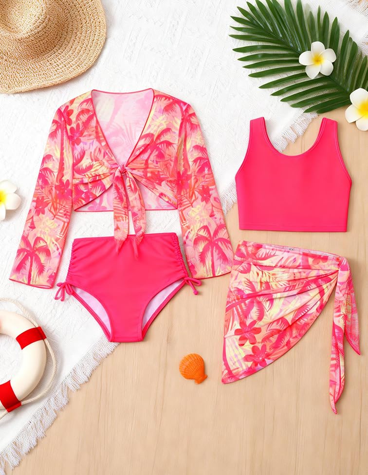 Image of GRACE KARIN Girls Bathing Suit Adjustable Taniki Swimsuit Tie Front 4 Piece Bikini Set with Kimono Cover Up 6-14