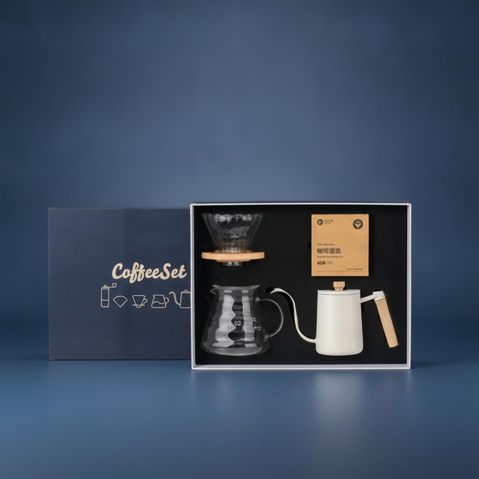 Kaffee Brühset Kaffeezubereiter Pour Over Handfilter Kaffeekessel Glaskaraffe Papierfilter mit Transparenter Karaffe Und, Schwarz, 4-Teiliges Kaffee-Geschenkset Bambus-Holzfiltertasse