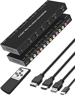 4 Port RCA to HDMI Converter, Dual AV to HDMI Converter Supports 16:9/4:3 Composite to HDMI Adapter Support 1080P PAL/NTSC Compatible with Sega/Xbox/PS1/PS2/PS3/WII/N64/VHS, VCRs, and DVD Players