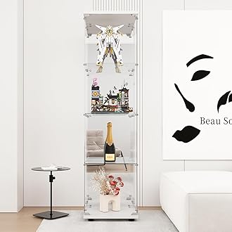 LFT HUIMEI2Y Glass Display Cabinet 4-Shelf with Door, Lock and Mirror, Curio Cabinets Upgraded Quick-Install Style, Tempered Glass Display Showcase for Bedroom, Living Room 66”x 17”x 14” White