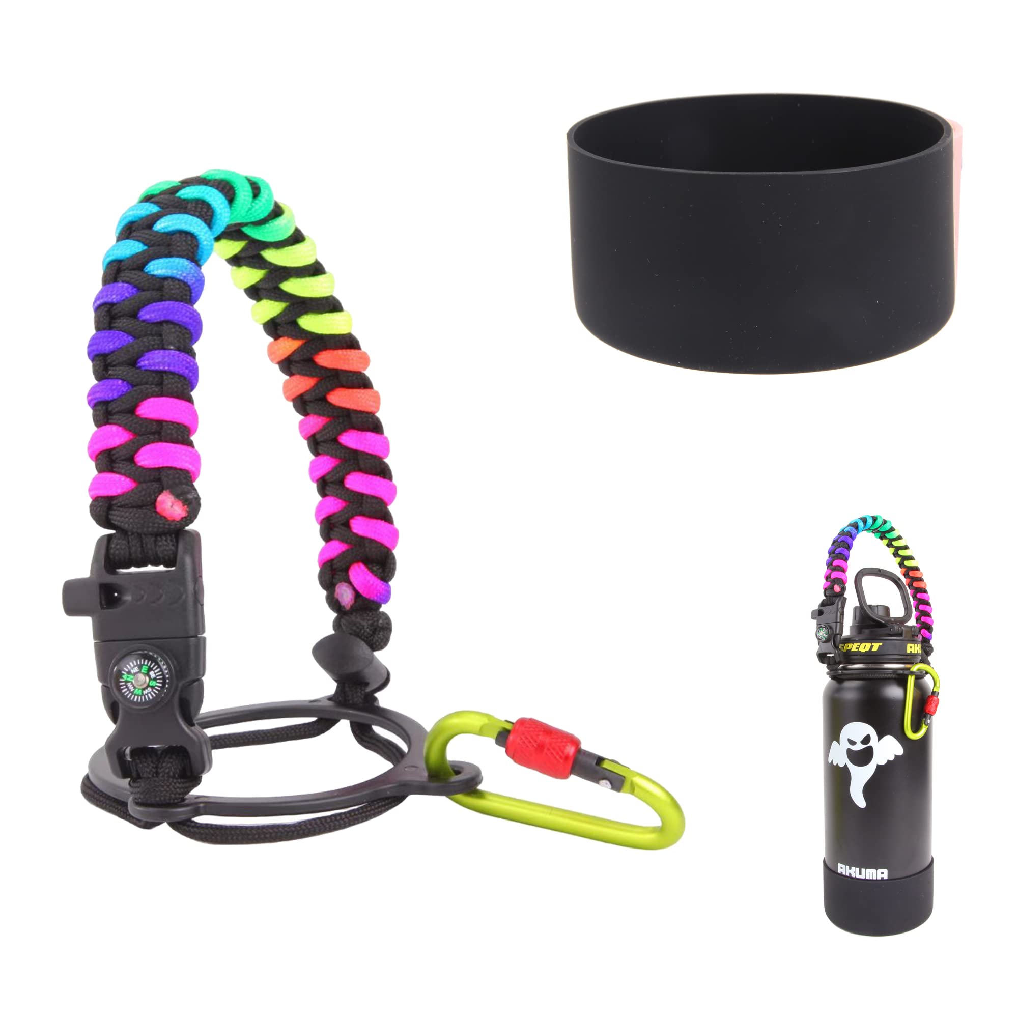 SPEQT Paracord Handle - Fits Wide Mouth Water Bottles Durable Carrier Strap Cord with Safety Ring,Compass and Carabiner Plus a Protective Silicone