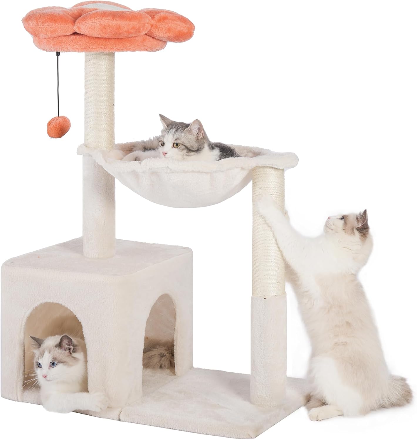 Flower Cat Tree 34″ Scratching Post Small Cat Tower for Large Cats,Featuring with 15.7”Large Hammock, Removable Top Bed and Wide Condo for Indoor Cats-Beige