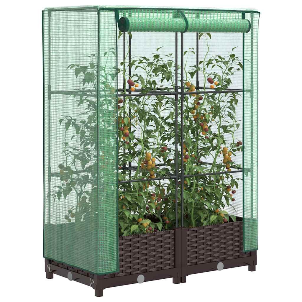 JHQHSM Raised Bed with Greenhouse Cover Rattan Look 80x40x123 cm, Polypropylene Planter Box with Sturdy Iron Frame and Water-Resistant PE Cover for Plants Vegetables Herbs Flowers,