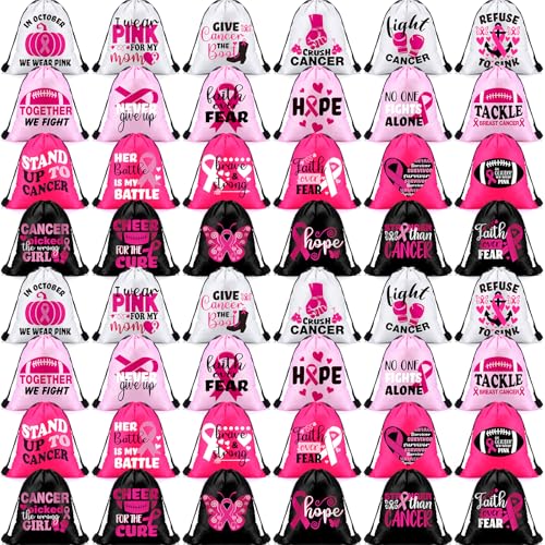 Amylove 48 Pcs Breast Cancer Awareness Drawstring Backpack 11.8'' Pink Ribbon Polyester Drawstring Bags Hope Fight Sport Gym Sack pack for Women Charity Events Party Gifts Travel Storage Accessories