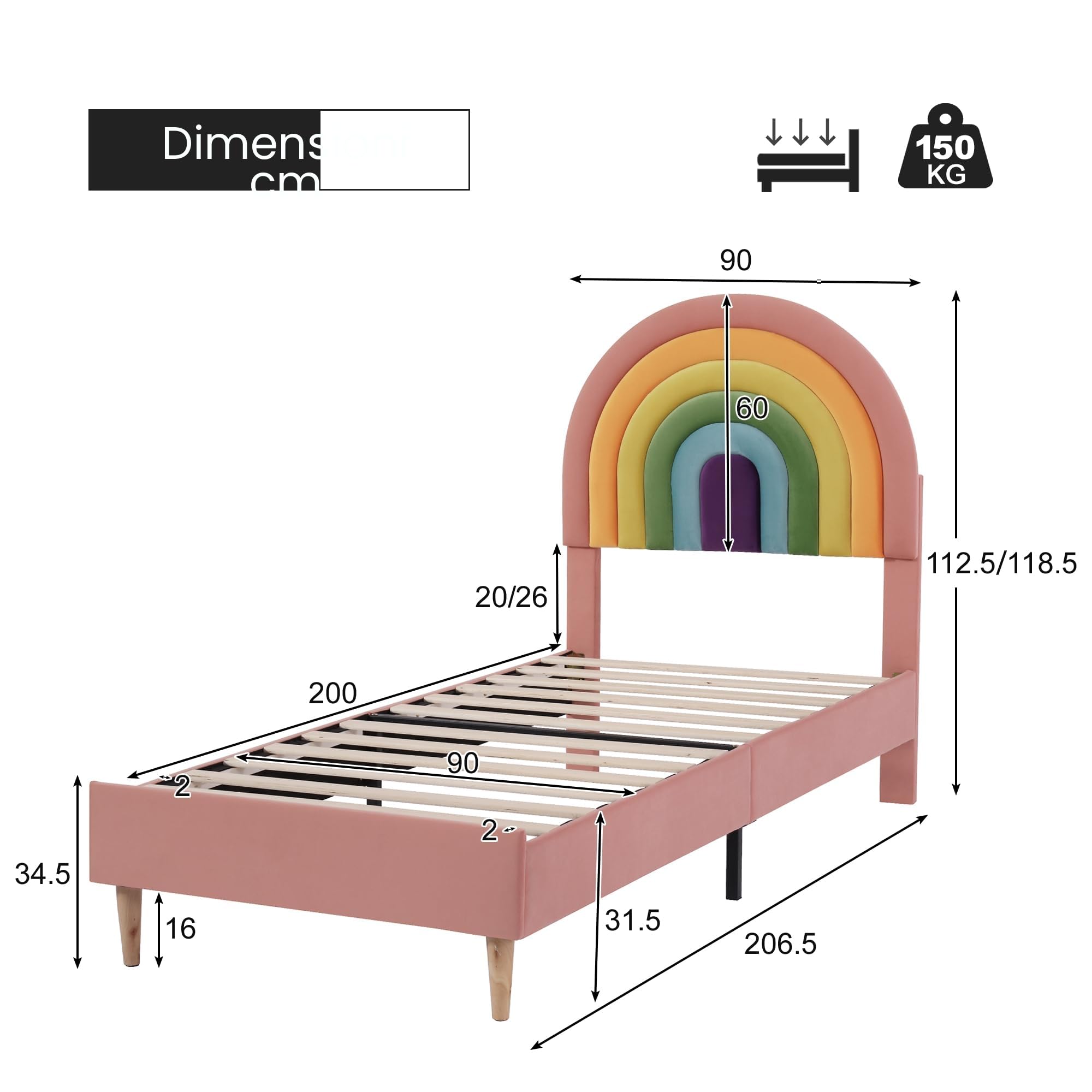 Azkoeesy Letto singolo imbottito per bambini e bambina, 90 x 200 cm, testiera arcobaleno, rivestimento in velluto, rosa