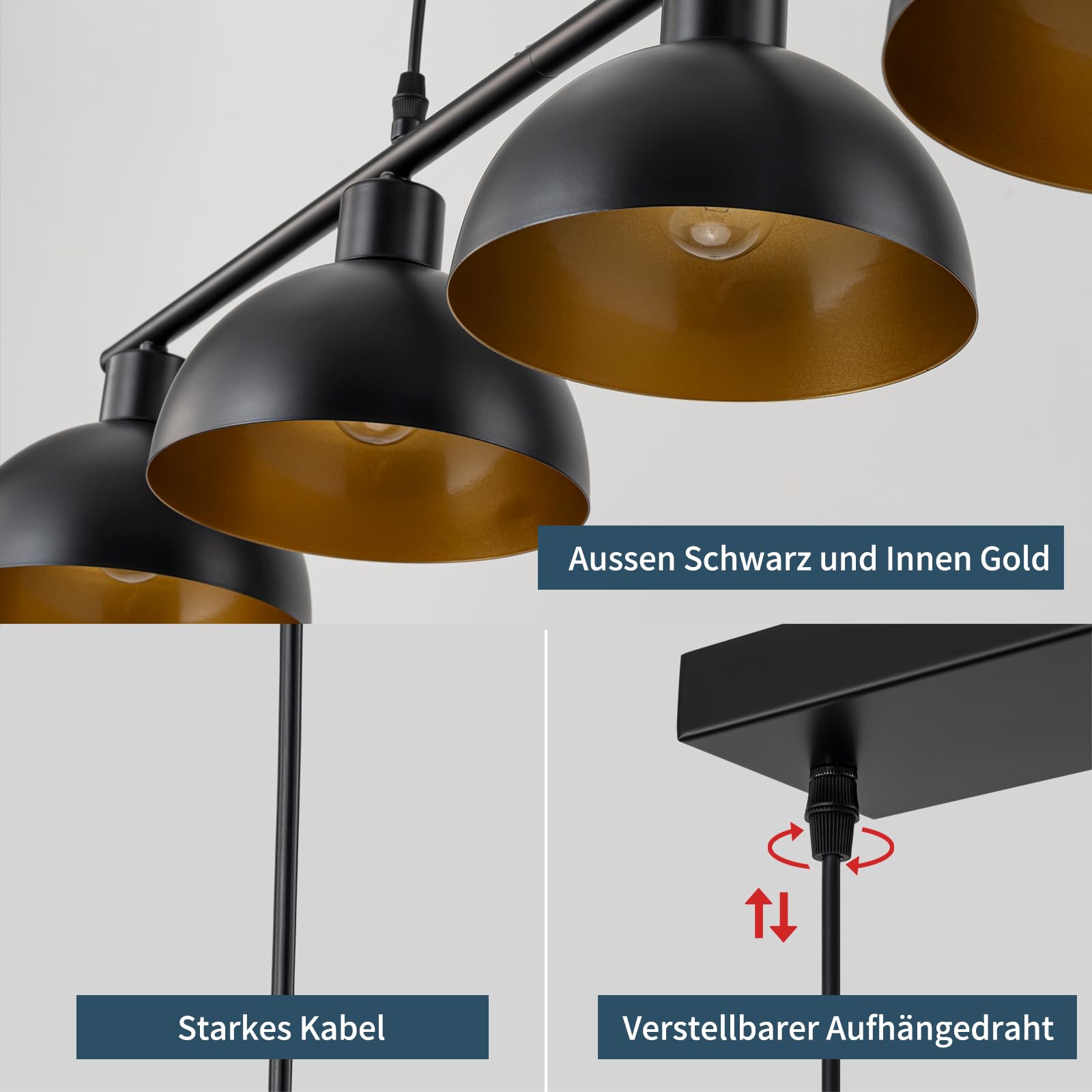 Pendelleuchte Esstisch Schwarz, Metall Lampenschirm Hängelampe 4 Flammig | WILON Vintage Pendelleuchte im Industrial Design, Wohnzimmerlampe Decke Hängend (Ohne Lichtquelle) [Energieklasse E]