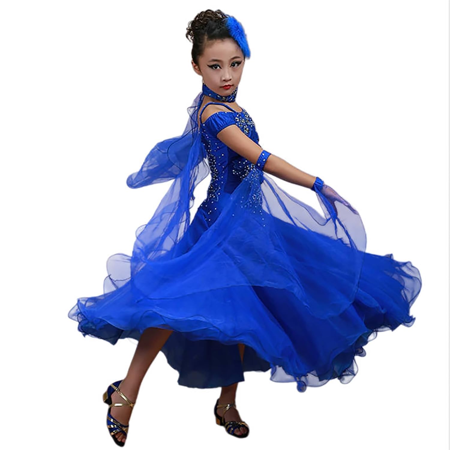 Abito da Ballo da Sala A Maniche Corte per Bambina Completo per Esibizioni Standard Abbigliamento per Danza Moderna con Ampia Gonna in Tulle Abbigliamento Classico per Flamenco