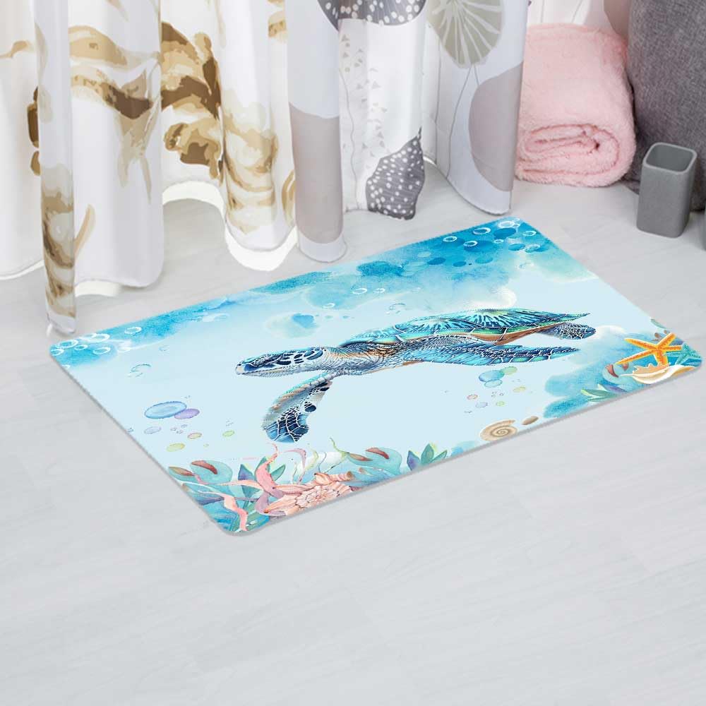 Sea Turtle Bathroom Rug, Nautical Turtle Non Slip Bath Mat with Underwater Seashell Bathroom Accessories Shower Mat Marine Animals Blue Ocean Kitchen