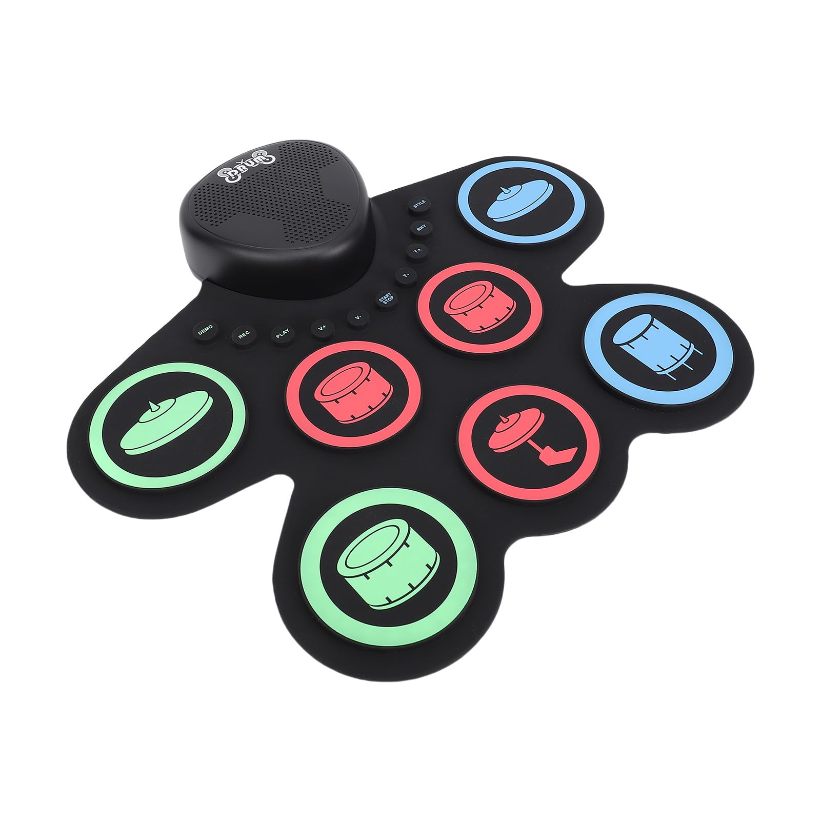 Batería Electrónica con Doble Altavoz, Pad Enrollable, 7 Pads, Kit de Práctica, Recargable, Baquetas, Pedal, para Principiantes, 37,1 X 34,5 cm.