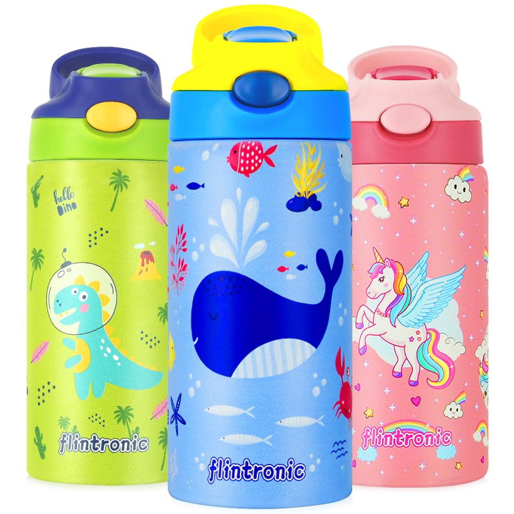 flintronic 350ml/12oz Kids Water Bottle Stainless Steel with Straw, Vacuum Insulated Water Bottles, BPA Free