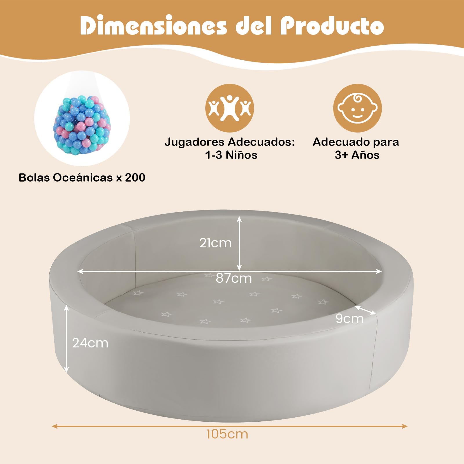 COSTWAY Piscina de Bolas para Bebés, Piscina de Pelotas Infantil Redonda de Esponja con 200 Pelotas Oceánicas y Bolsa de Malla, Parque de Bolas Infantil para Niños de 3+ Años (Gris)