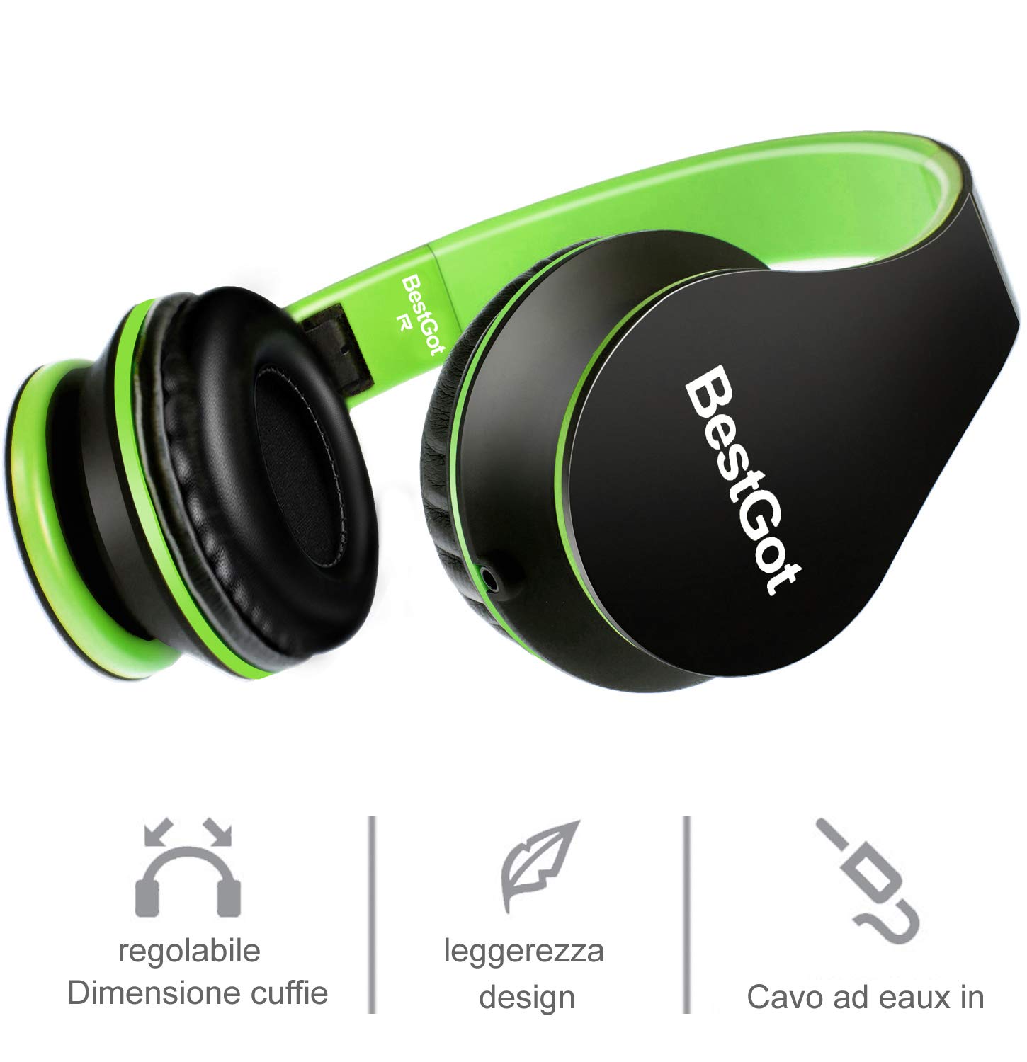BestGot Cuffie per Bambini per Bambini Ragazzi Adulti con Volume Microfono in Linea per Scuola, Tablet, Smartphone, Cuffie PS4 con Connettore da 3,5 mm Cavo Rimovibile (nero/verde) - 4