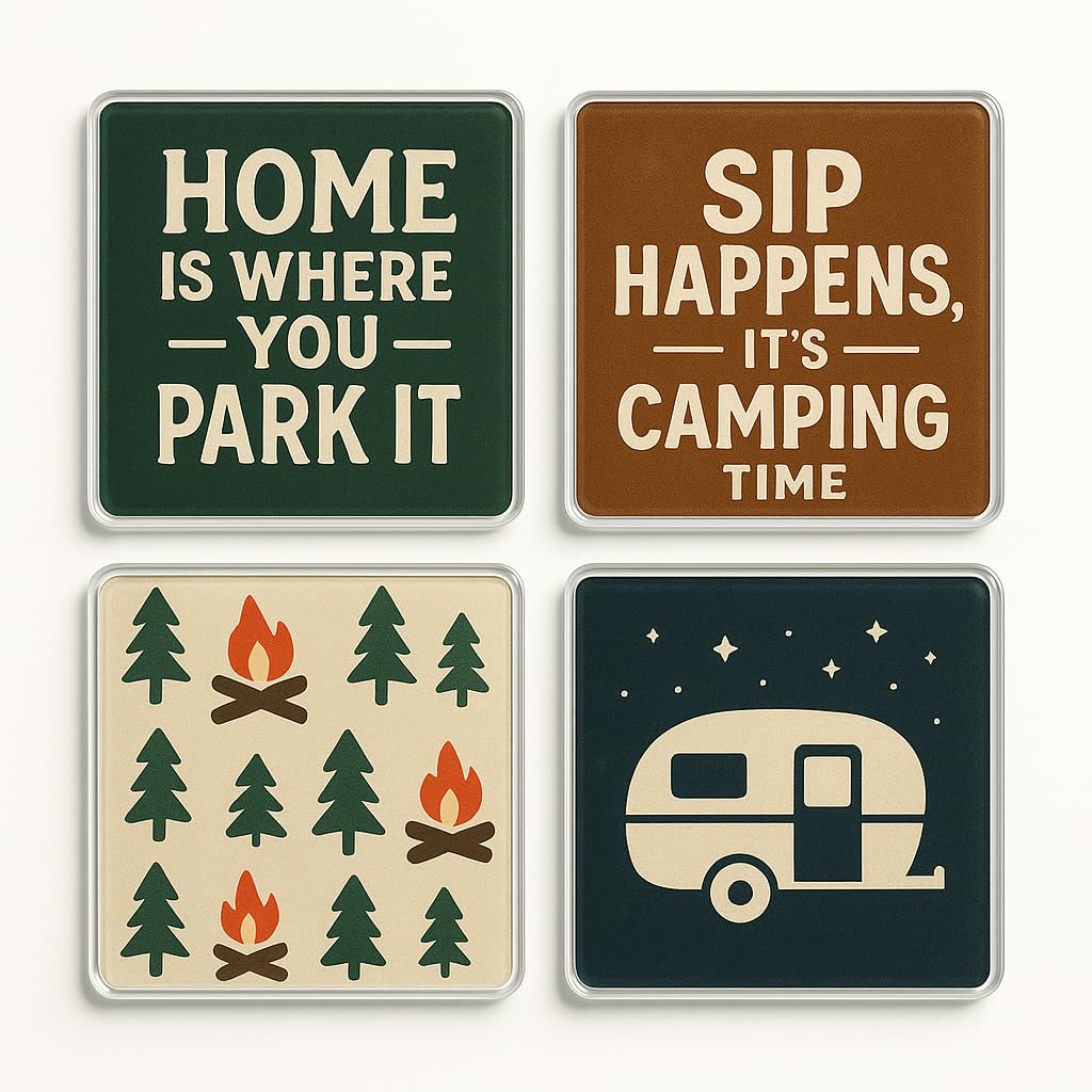 The Plum Penguin Wanderwarmth Acrylic Coaster Pack Of 4 With Campervan-Inspired Design - Camping Gift For Outdoor Enthusiasts