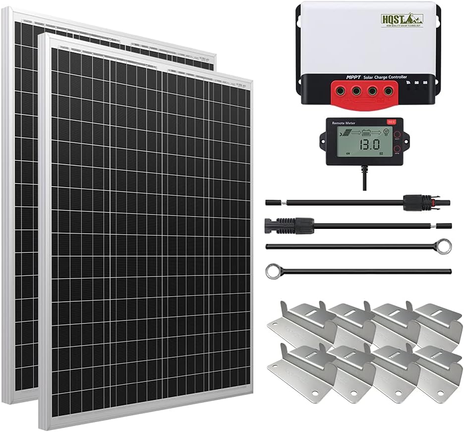 HQST 200 Watt 12 Volt Polycrystalline Solar Panel Kit with 20A MPPT Solar Charge Controller+Adaptor kit+Tray Cable+Mounting Z Brackets+LCD Display.