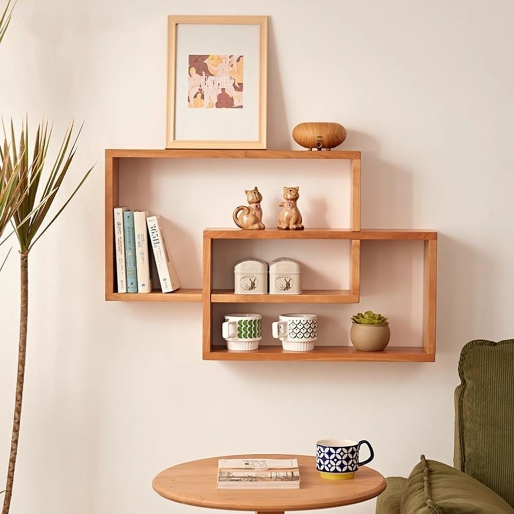 Mensole Geometriche A Forma di Scatola - Set di 2 Mensole Sospese in Legno per Soggiorno, Camera da Letto - Moderno Organizer Decorativo per Mensole Ad Incastro con Accessori