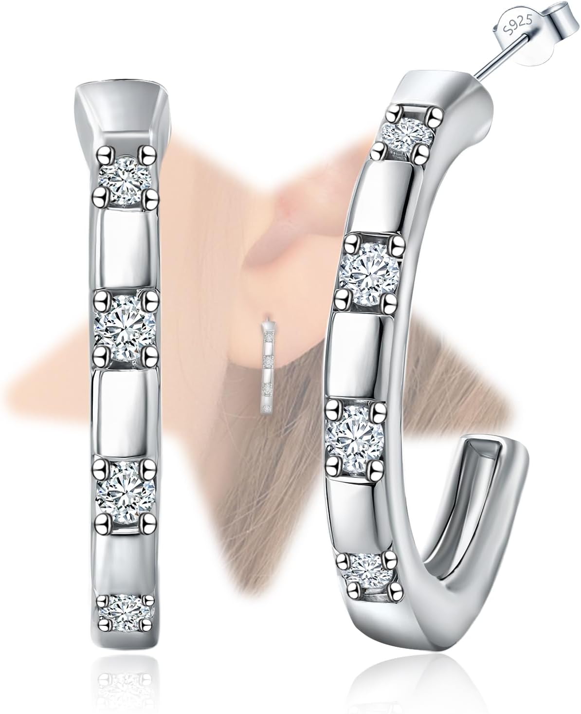 Sterling Silver Open Hoop Earrings for Women Hypoallergenic Cubic Zirconia Half Hoop Earrings Sparkly Jewelry Gift