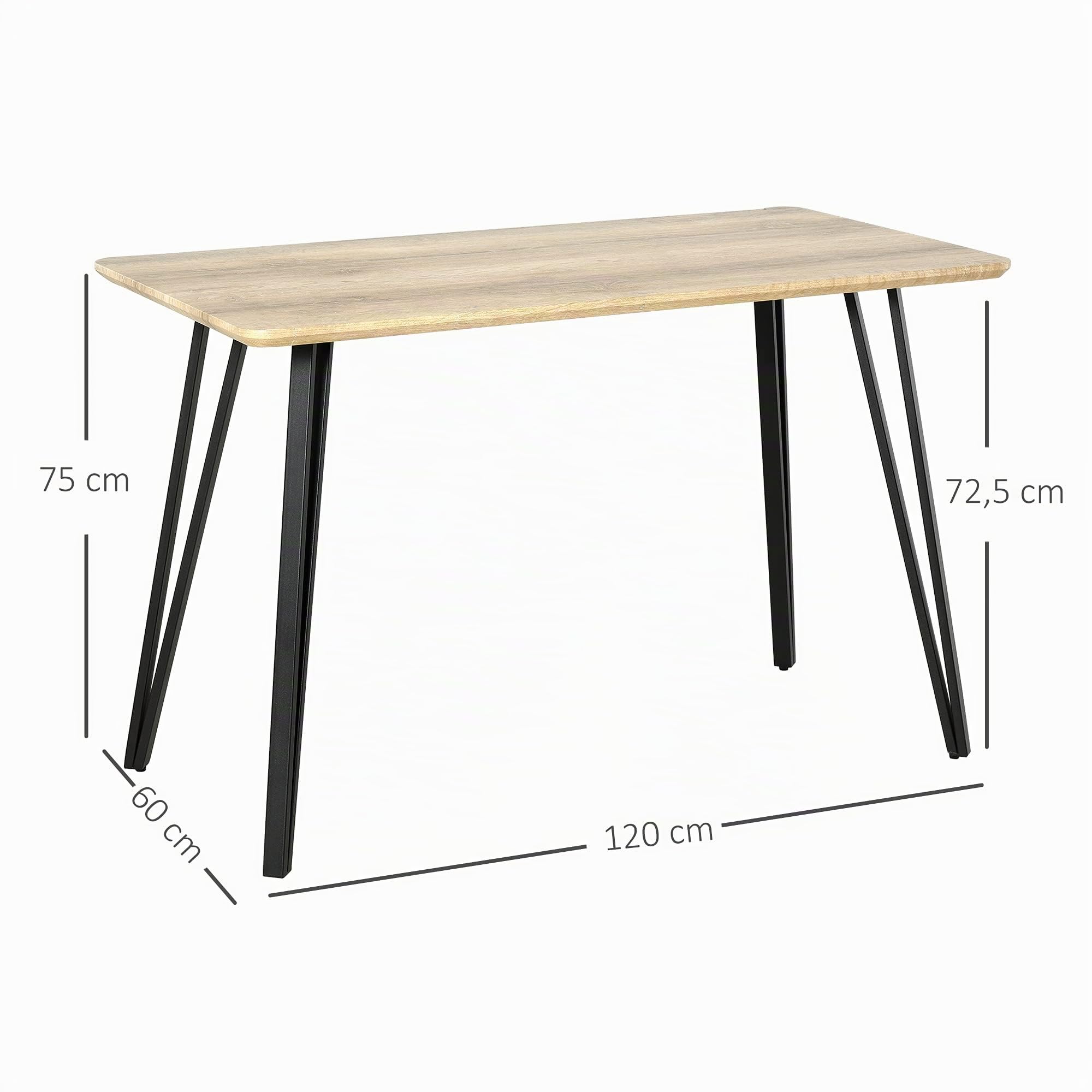 HOMCOM Mesa de Comedor Tablero Grande, 120x60x75 cm, Negra, Roble Claro | Diseño industrial, patas de metal tipo horquilla, MDF.
