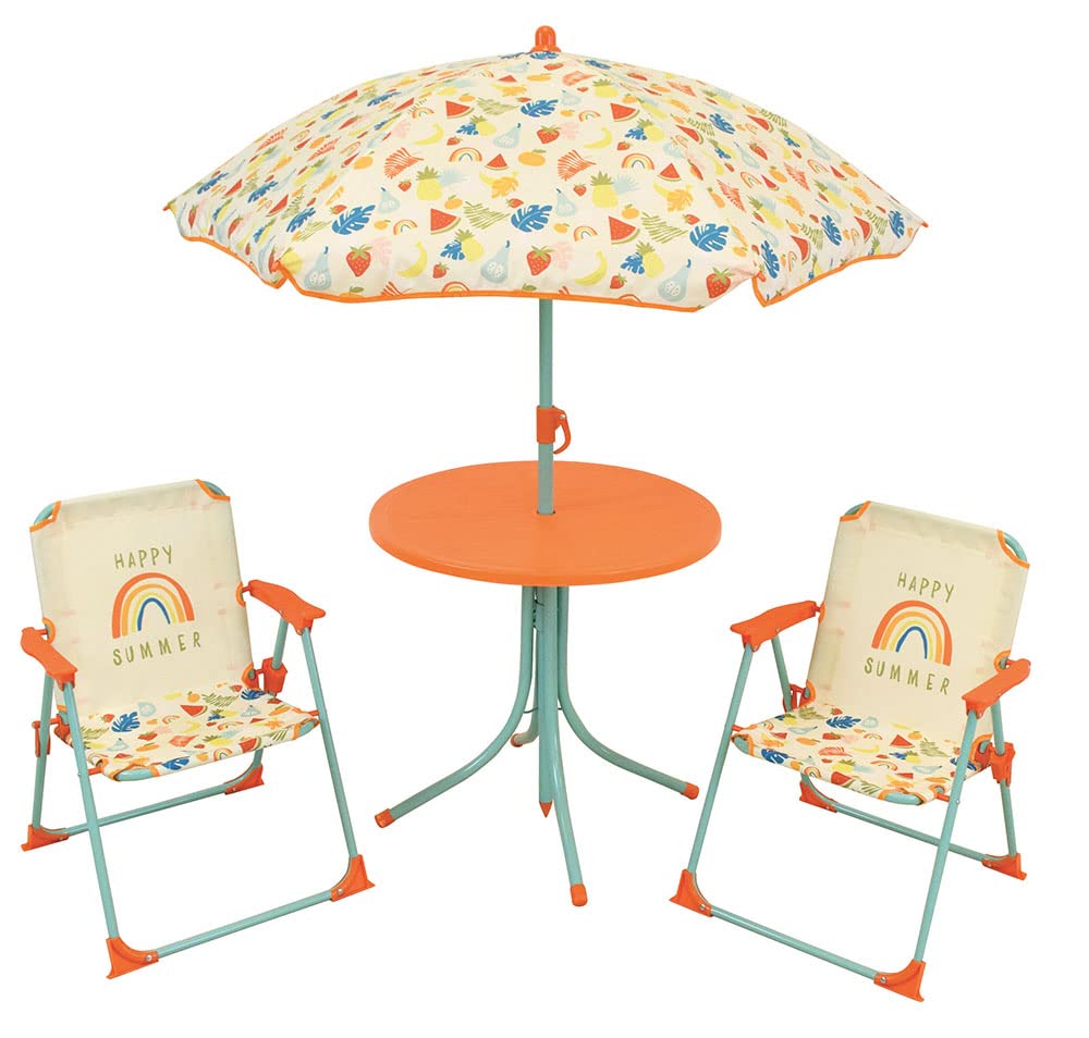 Fun House 46 x Ø46, 2 53XL.38.5XP 1 H.125 x Ø Children's Garden Furniture Table H.46 x Ø46 cm, Two Chairs H.53 x L.38.5 x D.37.5 cm and a Parasol H.125 x Ø 100 cm, Multi-Coloured