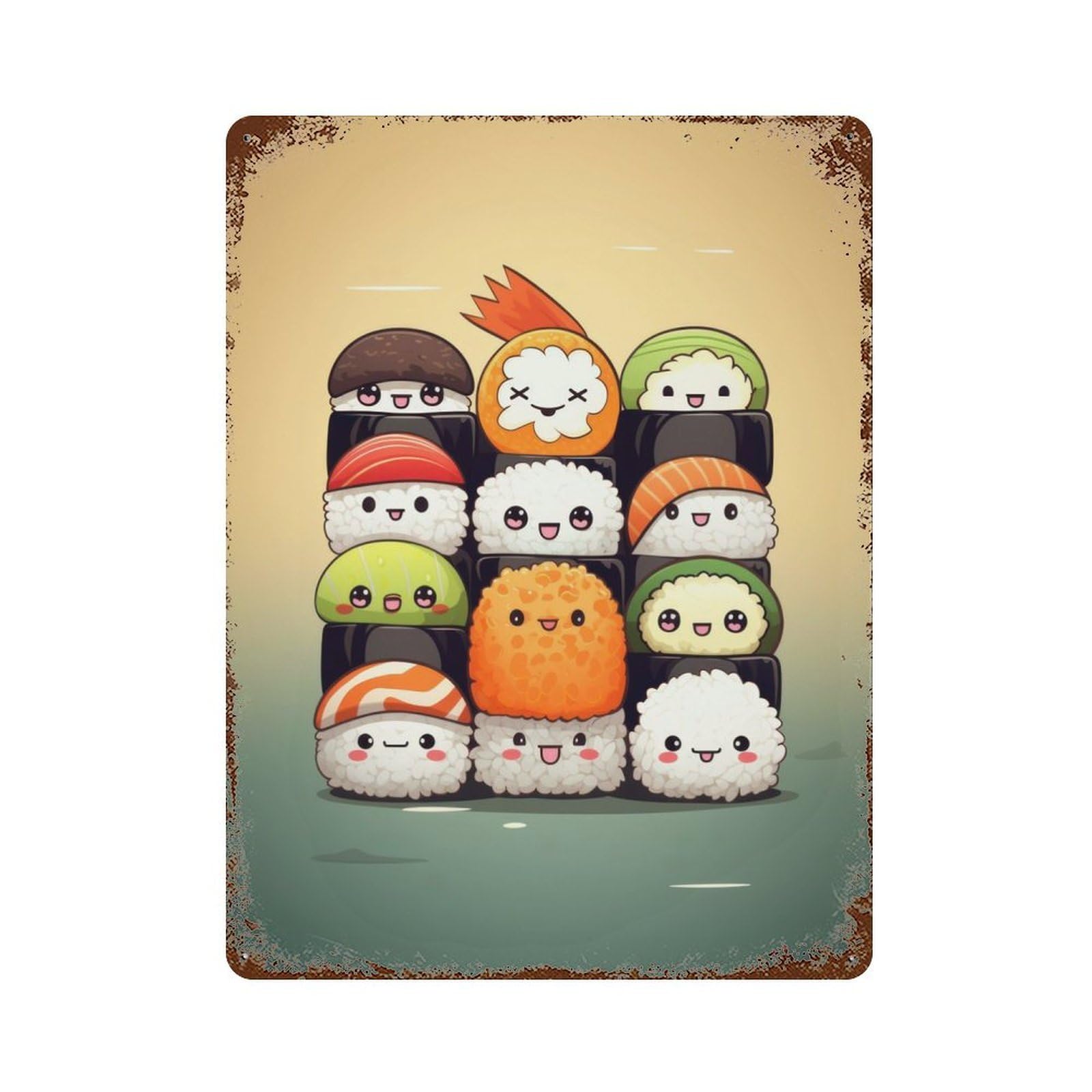 Kawaii Japan Sushi Rolls Vintage Rust Metal Sign 15.7"x11.8", Ideal for Basement, Hobby Room And Garage Decor