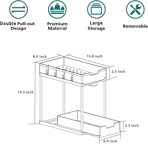 Miniatura 4 de Paquete de 2 organizadores y almacenamiento deslizantes dobles para debajo del fregadero, 2 niveles para cocina y baño, armario de almacenamiento