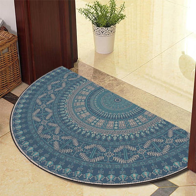 Eseriallen Half Round Door Mat Indoor Entrance Washable Half Circle Area Rugs Boho Mandala Non Slip Mid Blue Light Luxury F (22) 50cm X 80cm