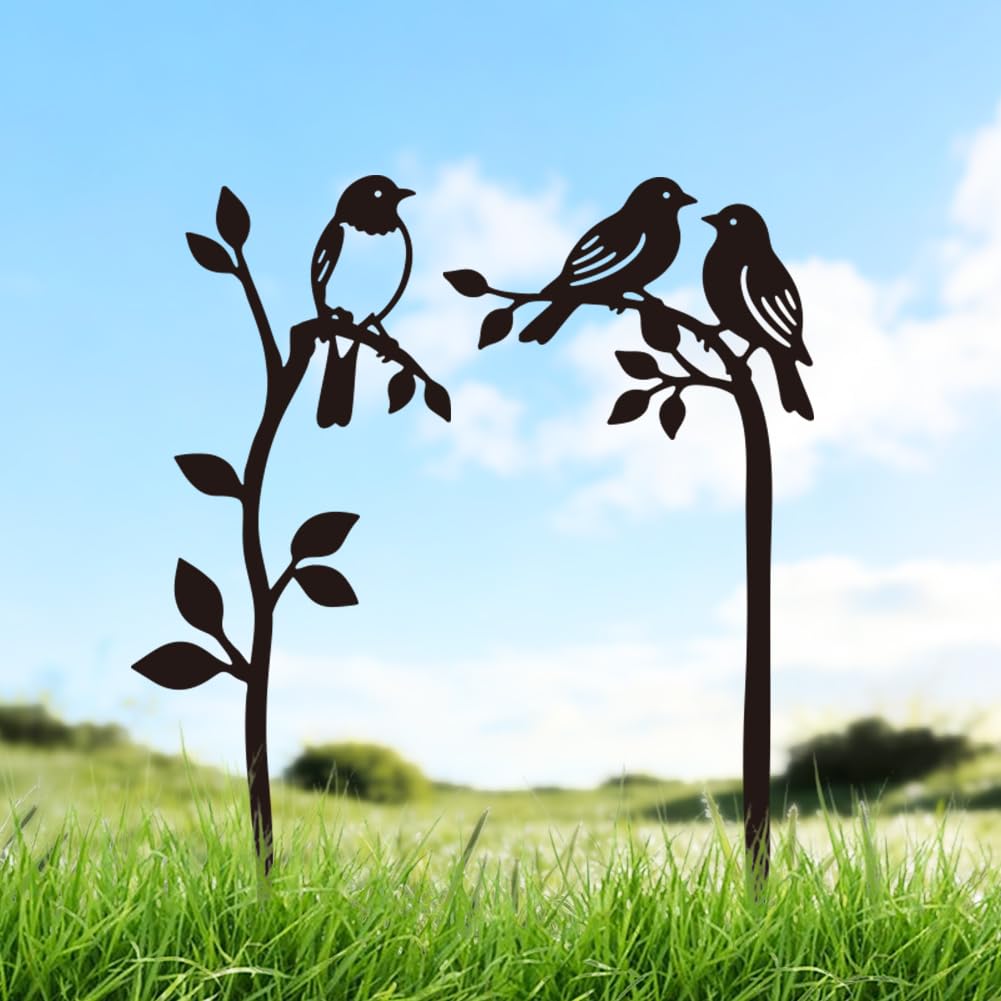 Doodlream 2 Pcs Bird on Branch Metal Garden Stakes, Black Silhouette Bird Decor for Outside, Double-Side Metal Art Ornament for Yard, Lawn, Patio, Pathway, Outdoor Garden Decor โ image 1