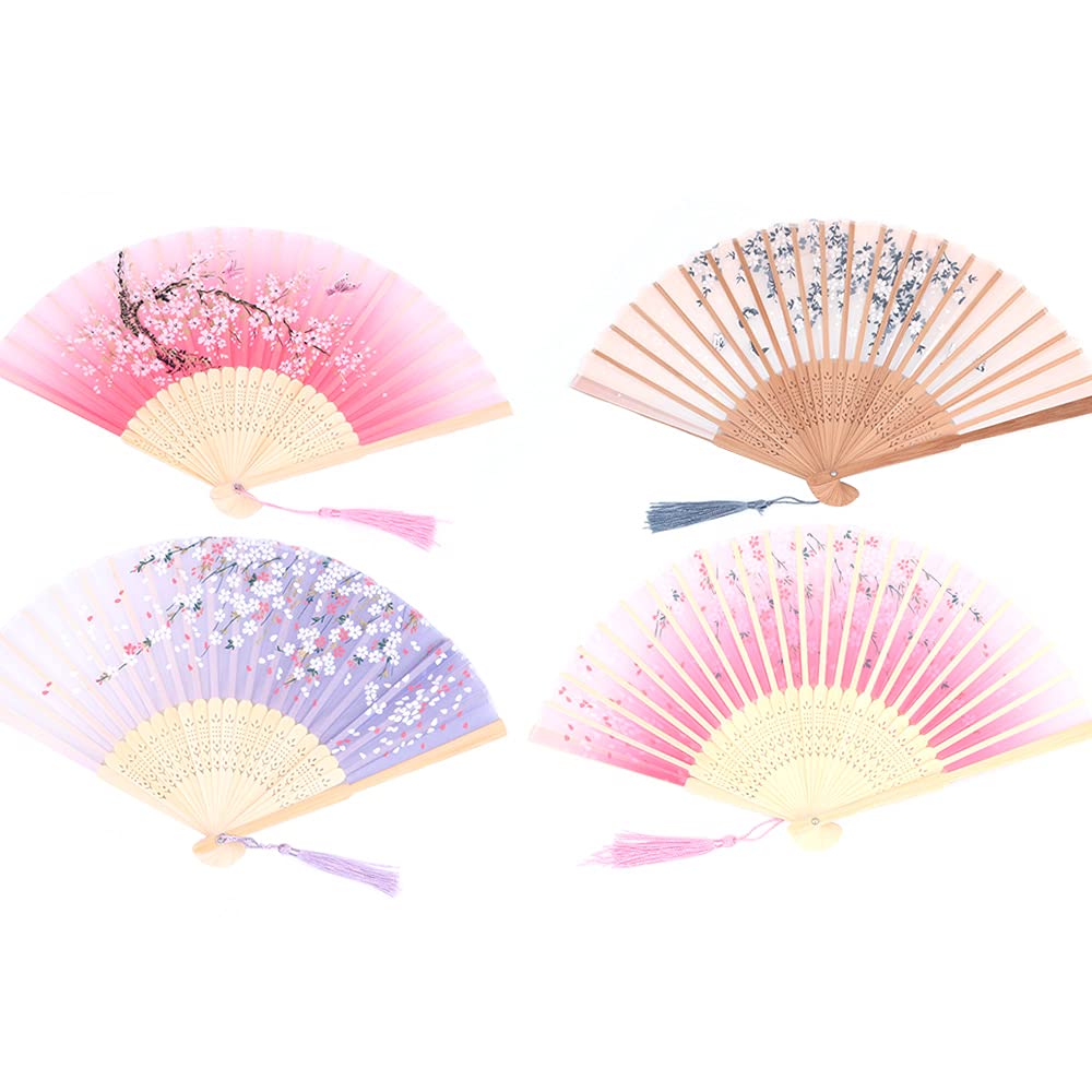 Ancllo Women's #4 4 Pieces Folding Fans Handheld Fans Bamboo Fans With Tassel Hollowed Bamboo Hand Holding Fans For Wall Decoration, Gifts