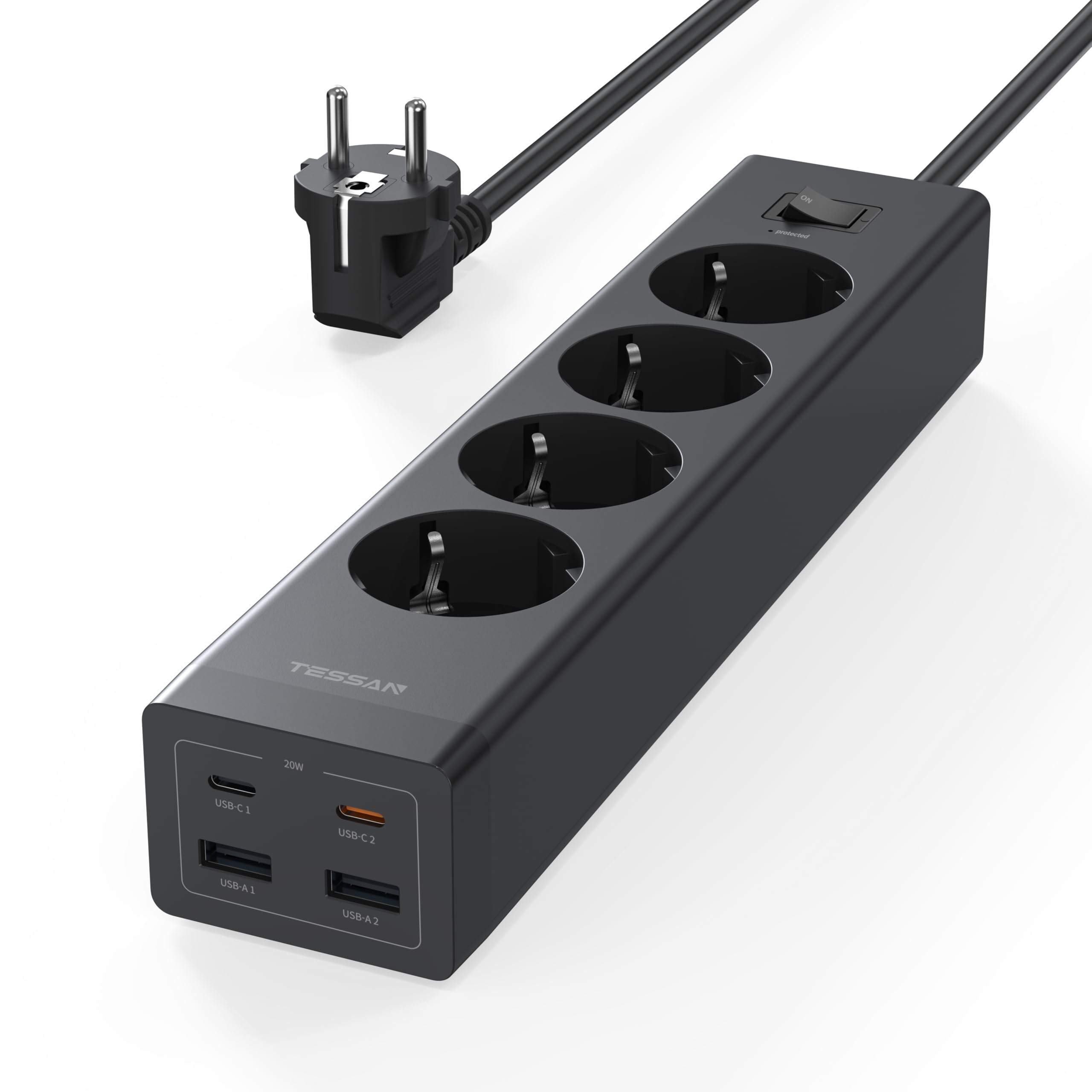 TESSAN 20W USB C Steckdosenleiste, GaN USB C Schnellladen Mehrfachsteckdose mit 4 Fach, Mehrfachstecker mit Verlängerungskabel 2M, Verteilersteckdose Überspannungsschutz 3600W für Büro