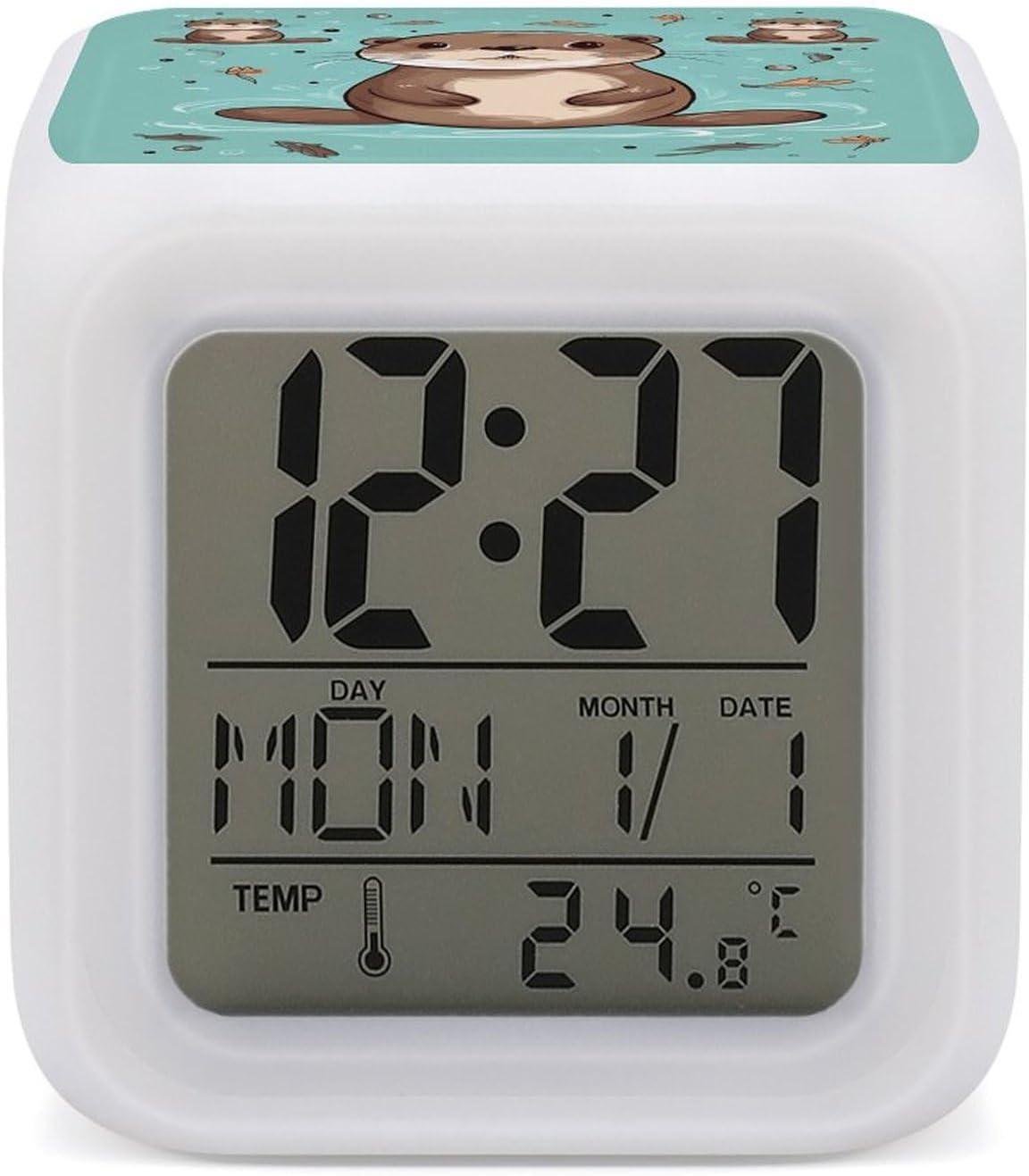 7-Color Changing Alarm Clock with Cartoon Cute Otter Design, Multifunctional LED Digital Clock with Temperature Display Smart Digital Alarm for Home & Office Decor