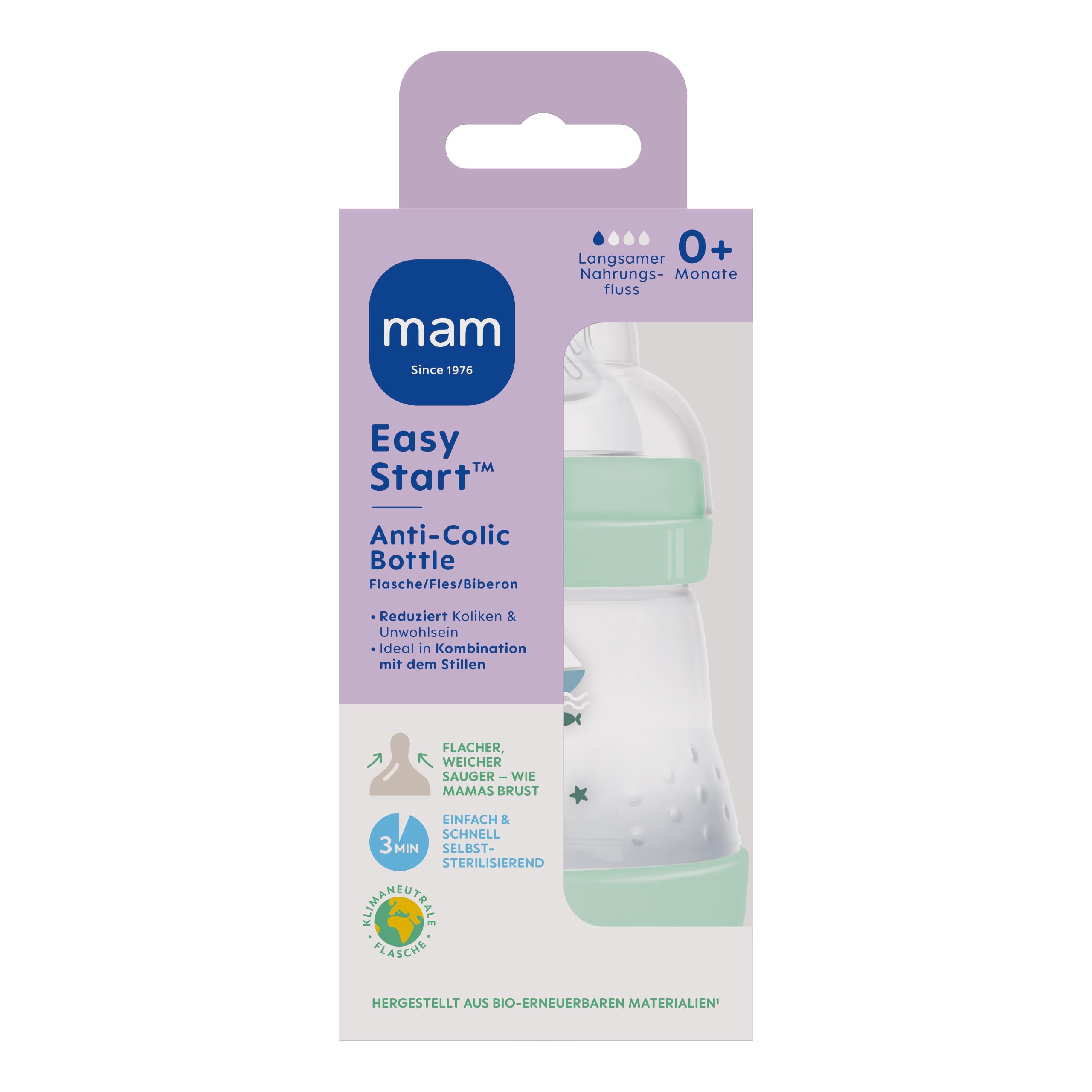 MAM Easy Start - Biberón anticólicos (160 ml), botella de leche especialmente aceptada, con válvula inferior contra cólicos y tetinas, tamaño 1, 0+ meses, velero