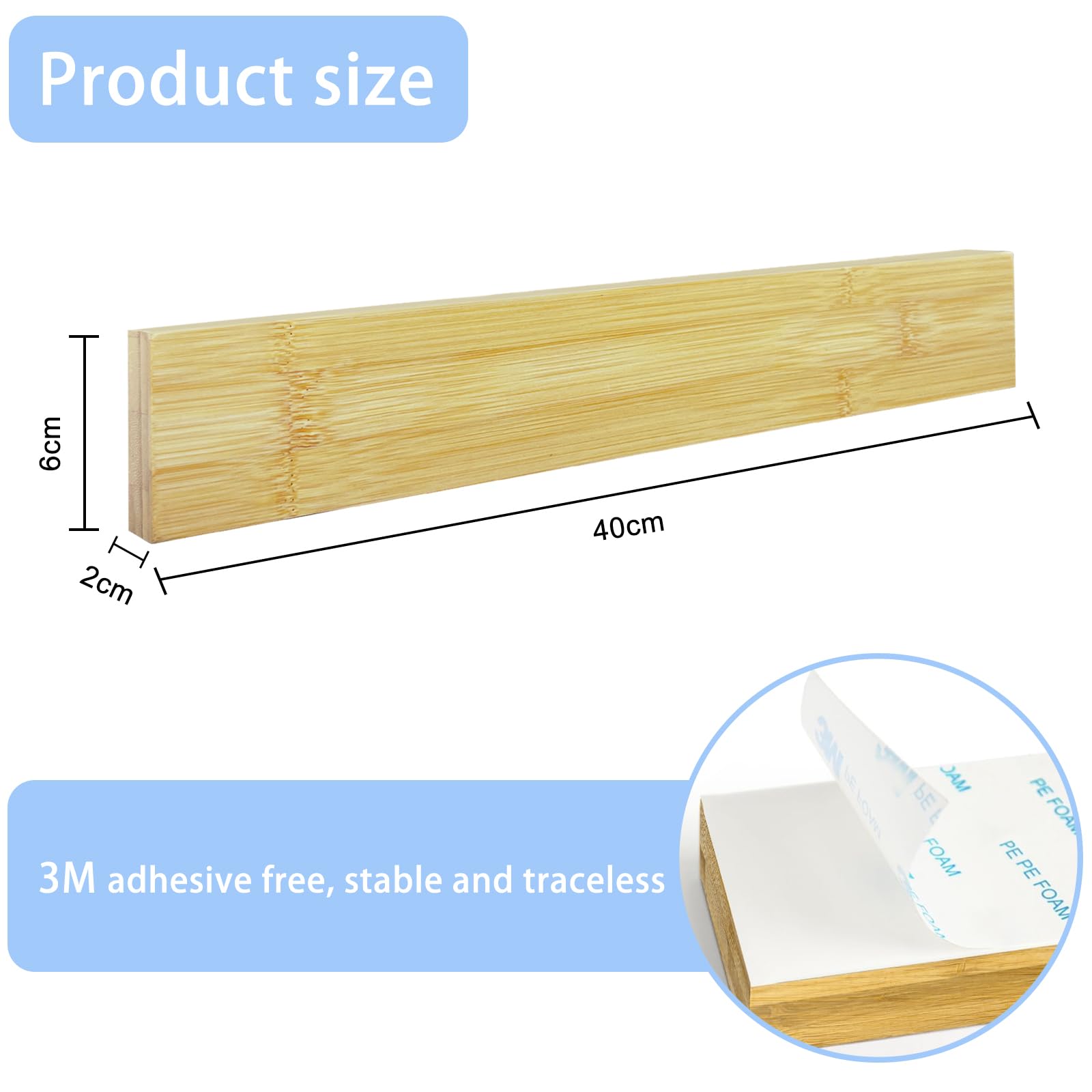 Gentpovth 40cm Soporte magnético de bambú para cuchillos de pared, Pared Soporte Magnetico, Bloque magnético de madera para utensilios de cocina, Organiza y muestra tus cuchillos de manera eficiente