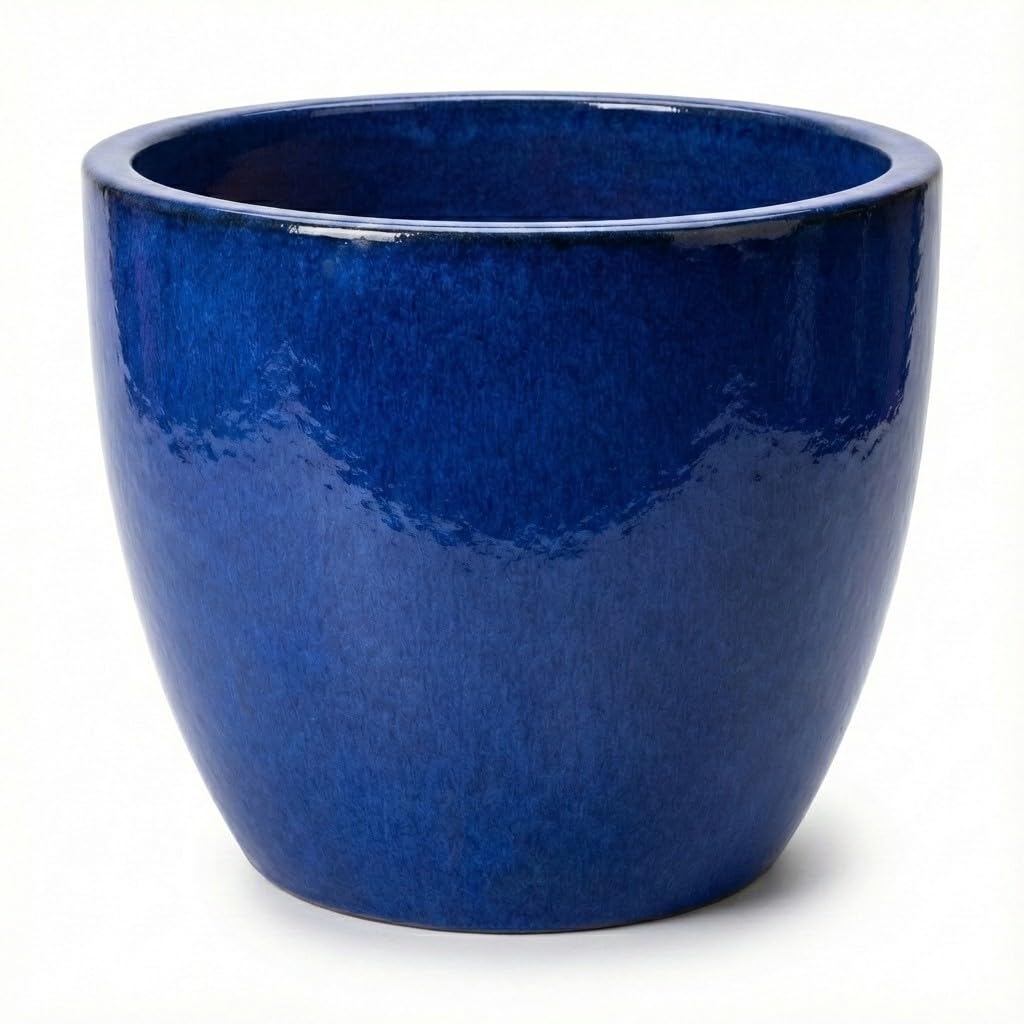 teramico Pot de Fleurs de qualité supérieure en céramique émaillée, 100% résistant au Gel et Fait à la Main, bac à Fleurs avec Trou (Bleu Roi, 48cm x 41cm)