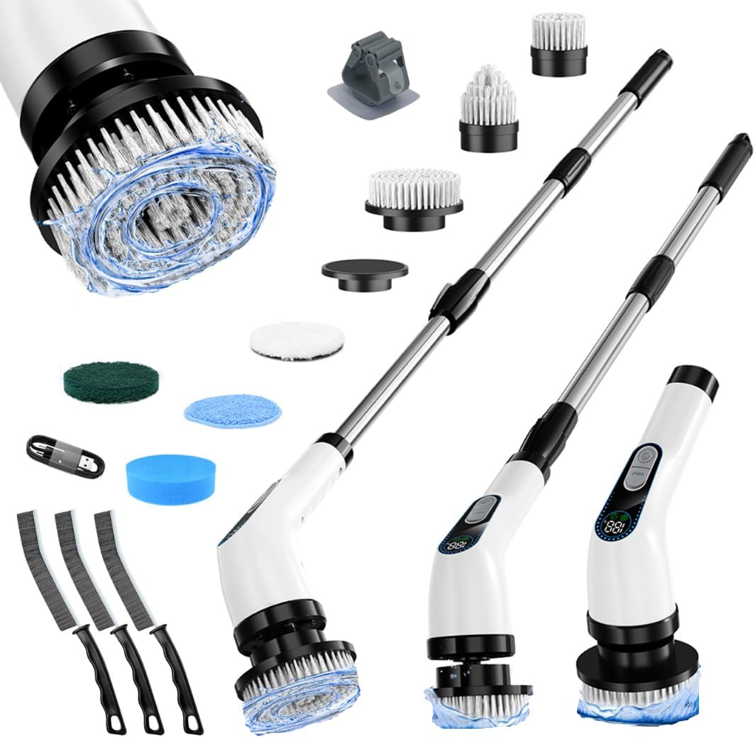 Potente limpiador eléctrico giratorio inalámbrico, 3000 mAh, limpiador de baño inalámbrico con 2 velocidades + 7 cabezales de cepillo + 1 colgador