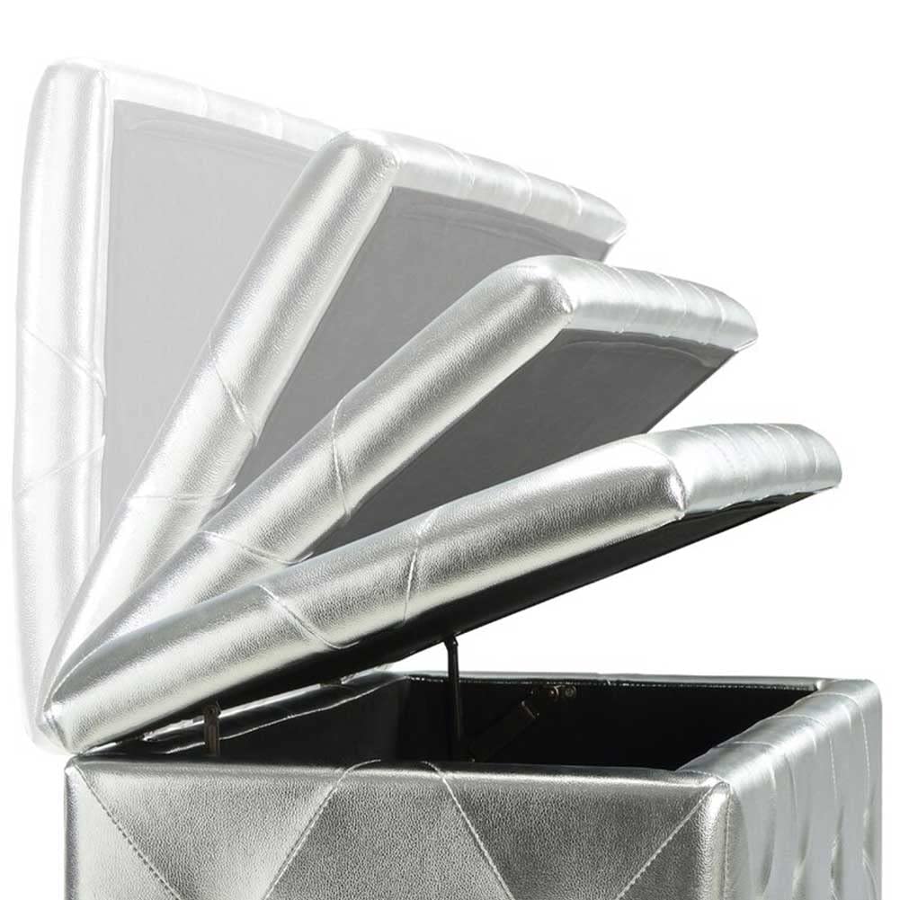 BAKAJI Baúl de Almacenamiento para reposapiés, para Dormitorio, Banco de Madera, Revestimiento de Piel sintética, decoración Acolchada con Cristales, Patas de Metal, diseño Moderno (Silver)